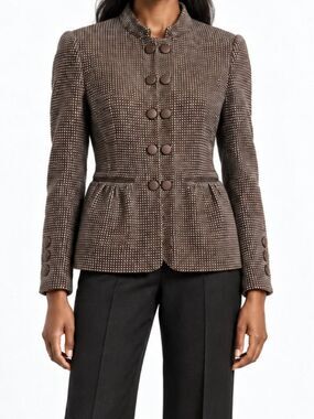 Armani Collezioni Brown Tweed Virgin Wool Military Peplum Jacket Size 4 office